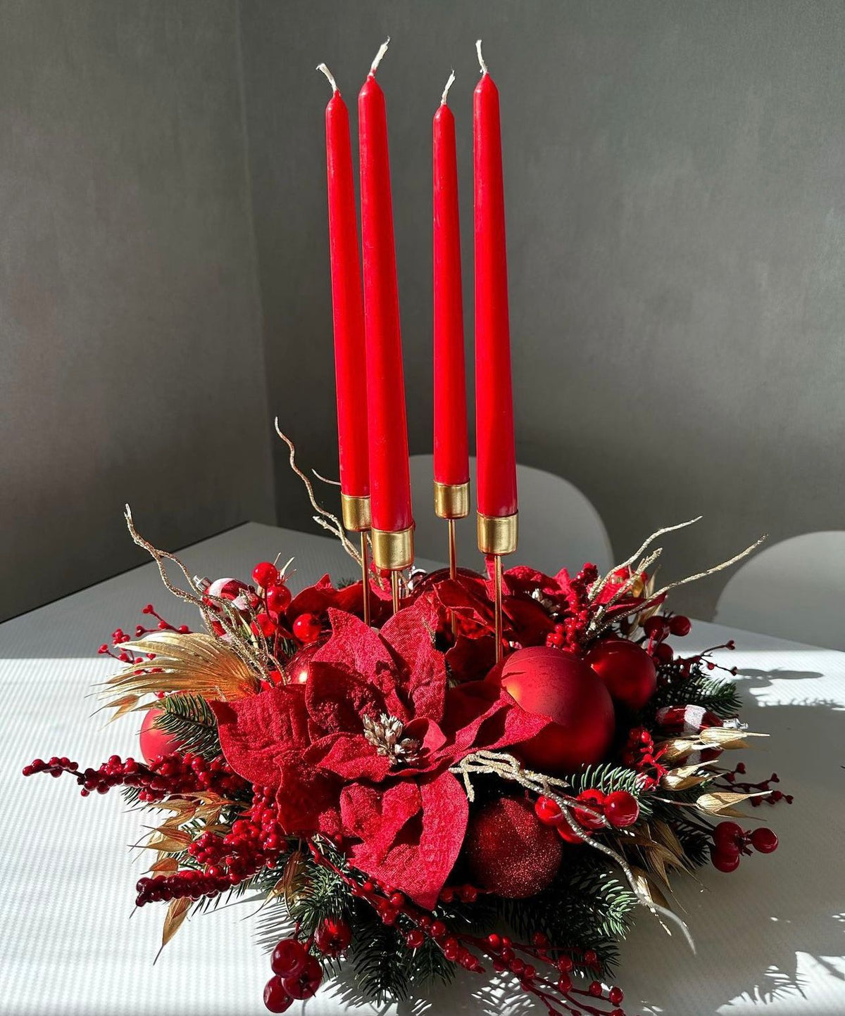 Enfeite de Mesa Natalino Vermelho + Vela