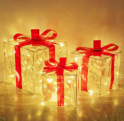 Kit 3 Caixas de Presente Decorativas Natalina Com Led - 40CM/35CM/28CM